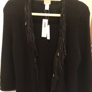 Fringe detail black cardigan sweater 3/4 sleeve